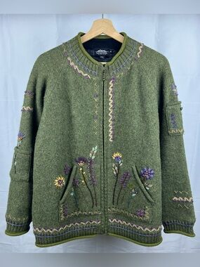 Icelandic Design Wool Zip Up Embroidered Sweater Jacket Womens Medium Floral